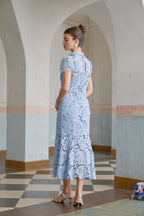 Aurore Blue Floral Appliqué Lace Midi Dress