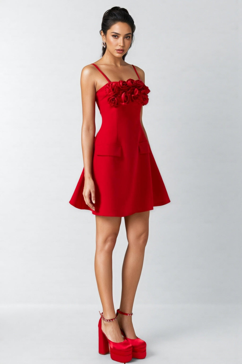 Thisbe 3D Flower Solid Square Neck Mini Dress