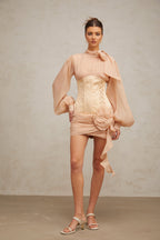 Téa cinched-waist floral-appliqué panelled mini dress