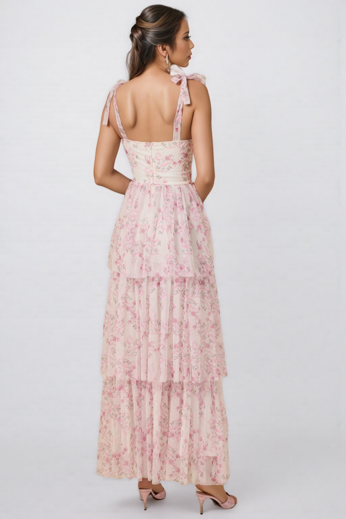Lindand Floral Lace Up Ruffle Maxi Dress