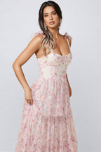 Lindand Floral Lace Up Ruffle Maxi Dress