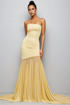 Elwyt Yellow Off Shoulder Sheer Tulle Maxi Dress