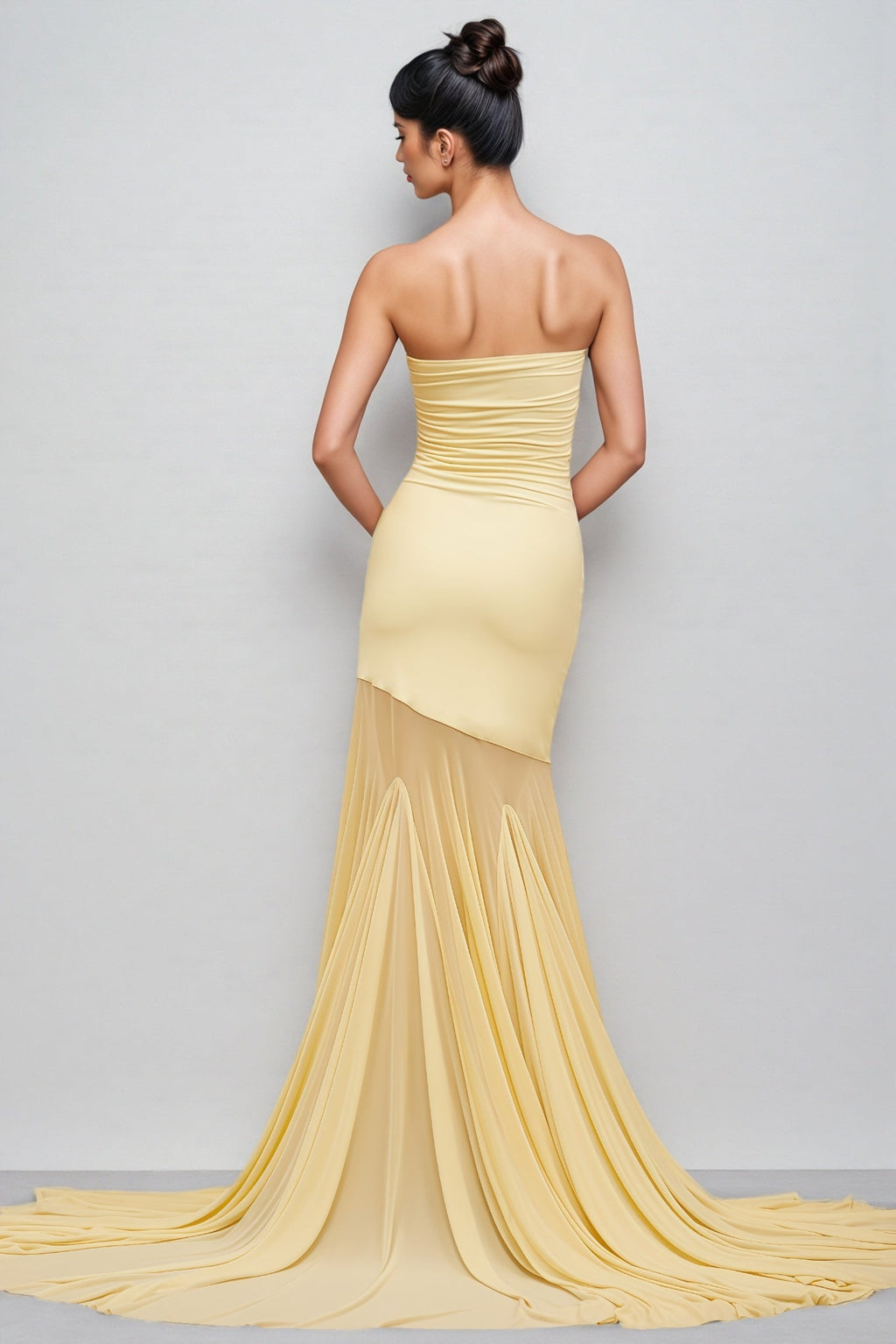 Elwyt Yellow Off Shoulder Sheer Tulle Maxi Dress