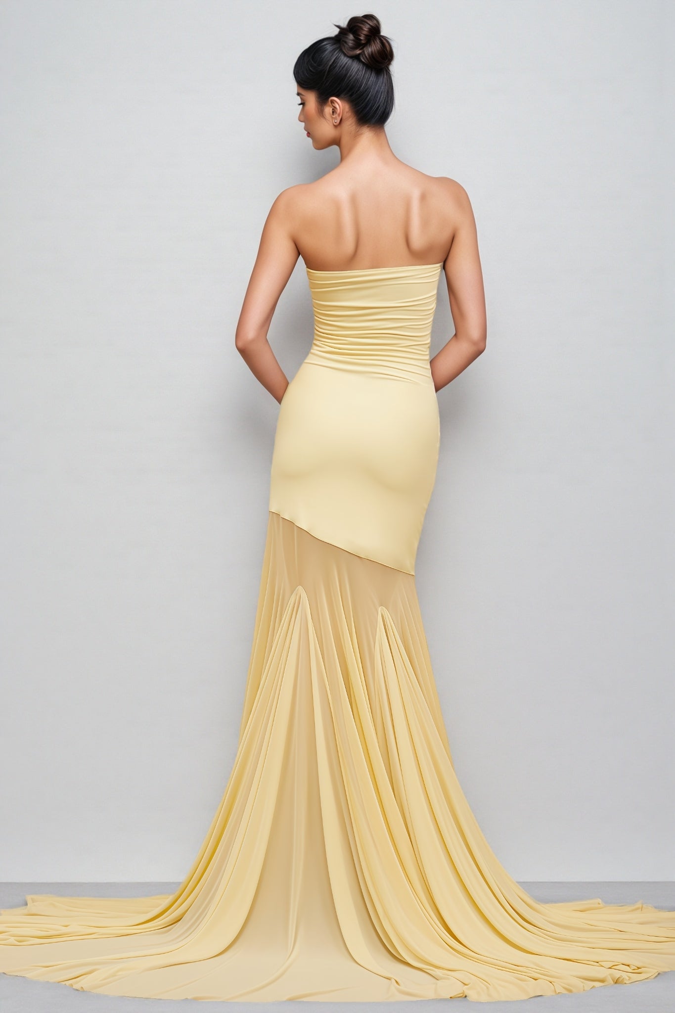 Elwyt Yellow Off Shoulder Sheer Tulle Maxi Dress
