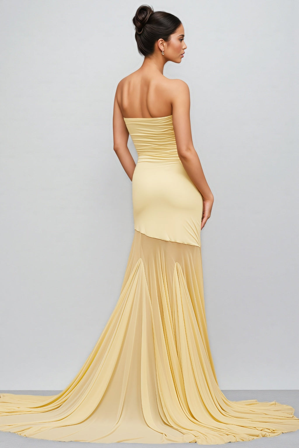 Elwyt Yellow Off Shoulder Sheer Tulle Maxi Dress