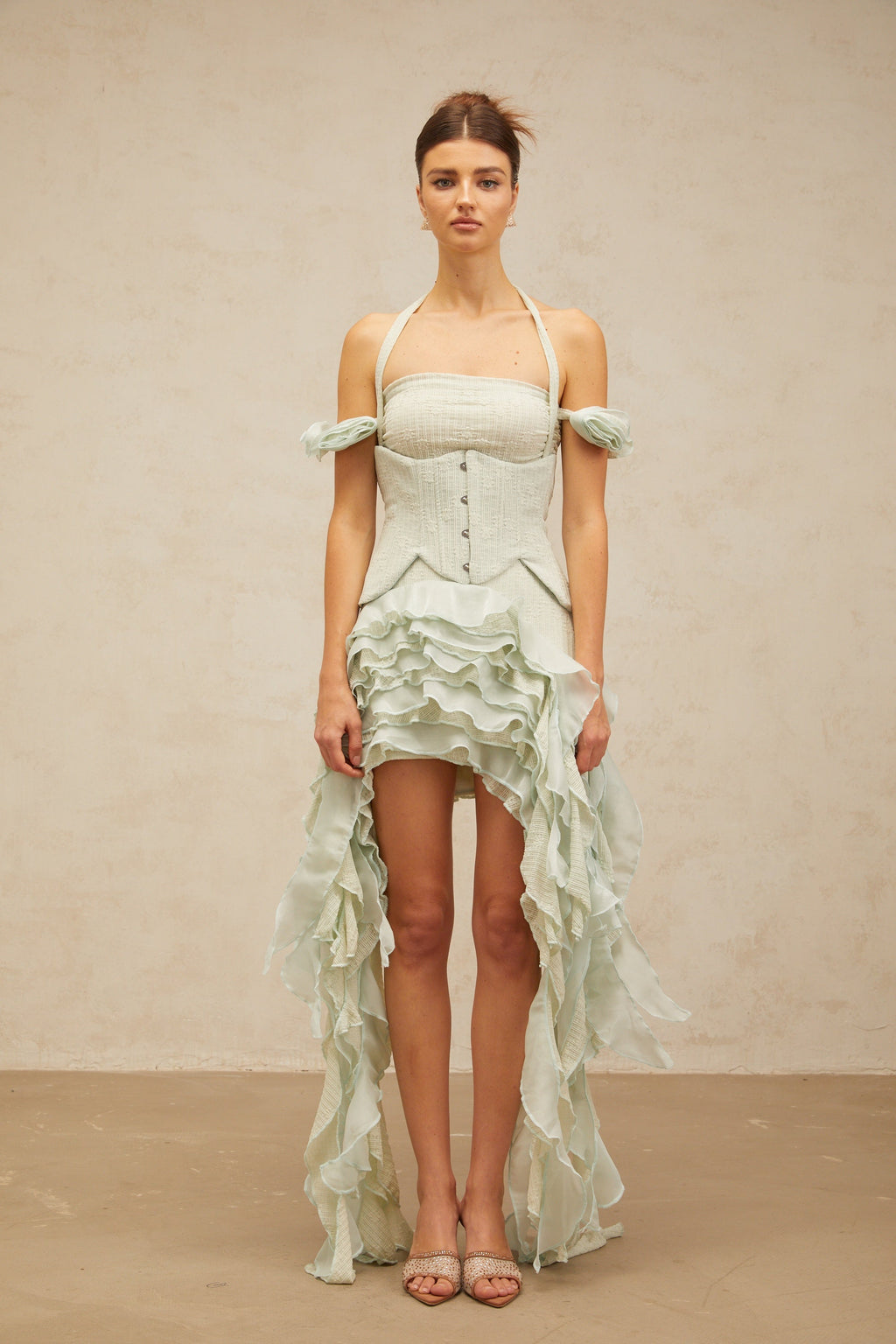 Patricia green floral-appliqué asymmetrical ruffled mini dress