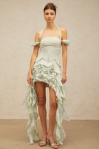 Patricia green floral-appliqué asymmetrical ruffled mini dress