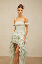Patricia green floral-appliqué asymmetrical ruffled mini dress