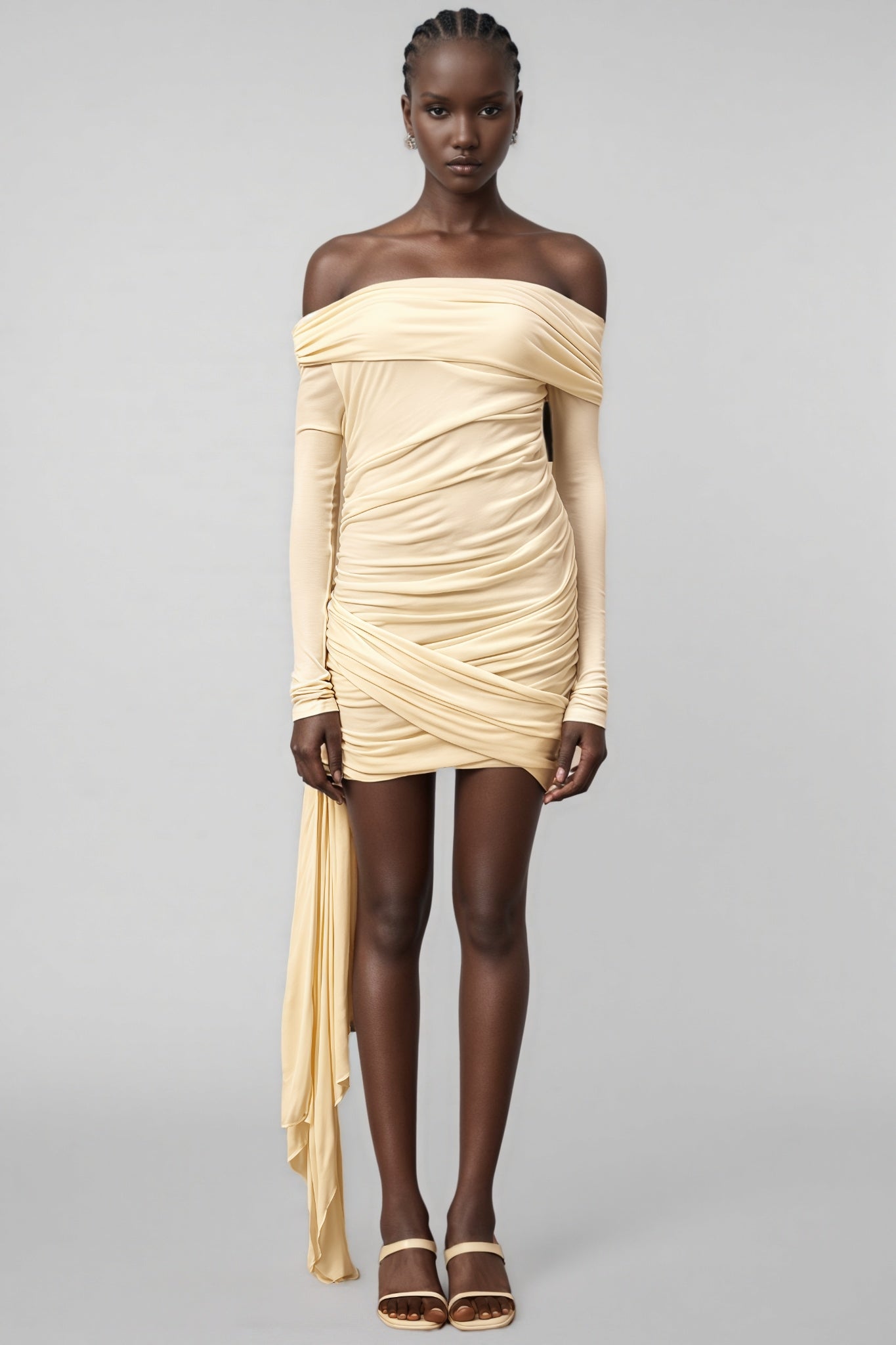 Sarayi White Ribbon Design Ruched Mini Dress