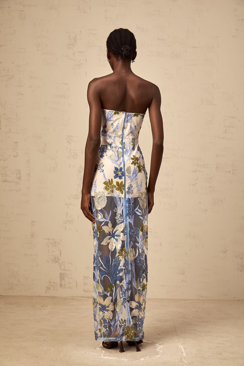 Patricia blue sequined flower-embroidered corset tulle maxi dress