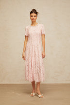Dulcie pink embellished floral-lace midi dress