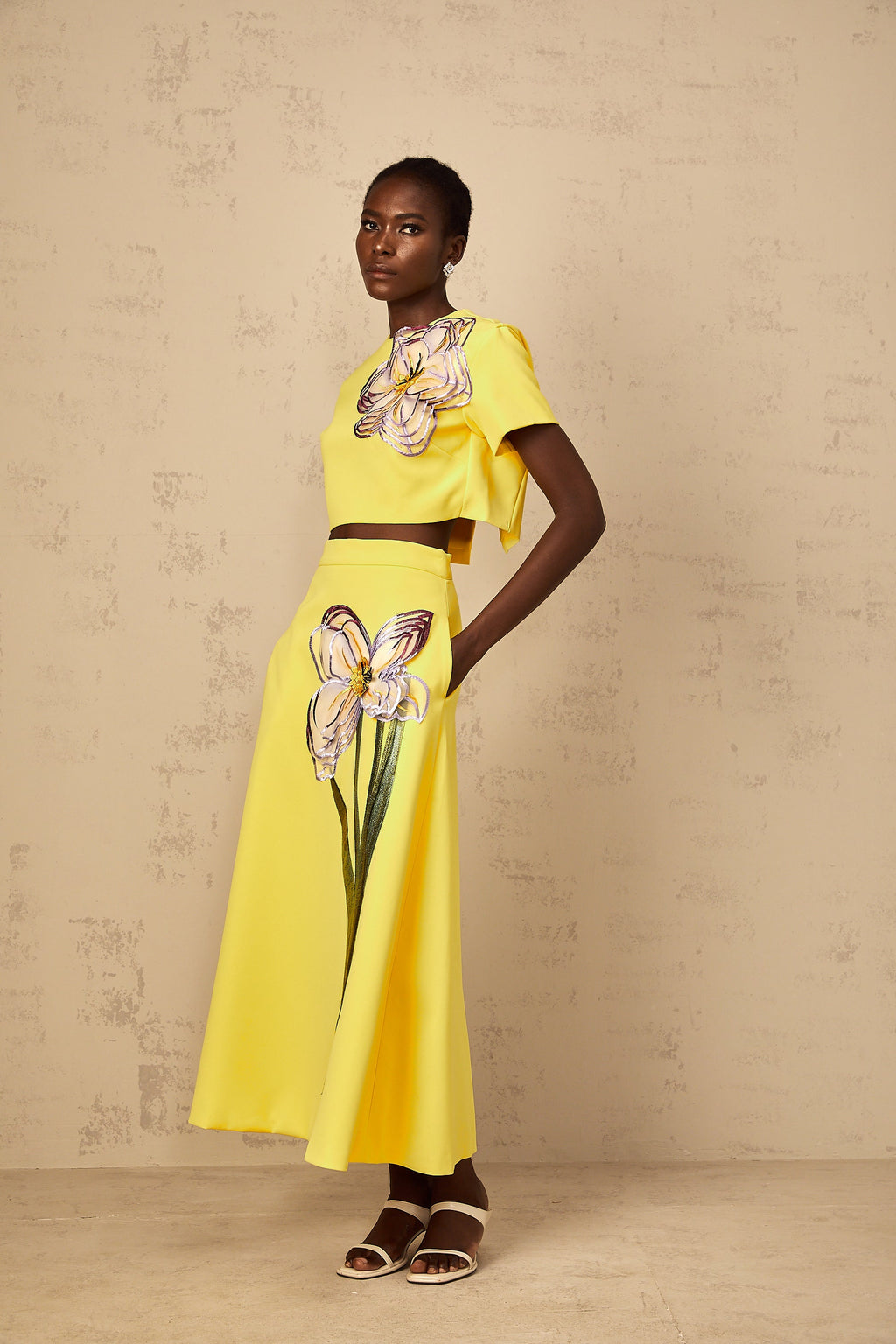 Irène Yellow Sequin Floral Embroidered Matching Set
