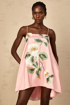 Avril Pink Floral Embroidered Satin Mini Dress