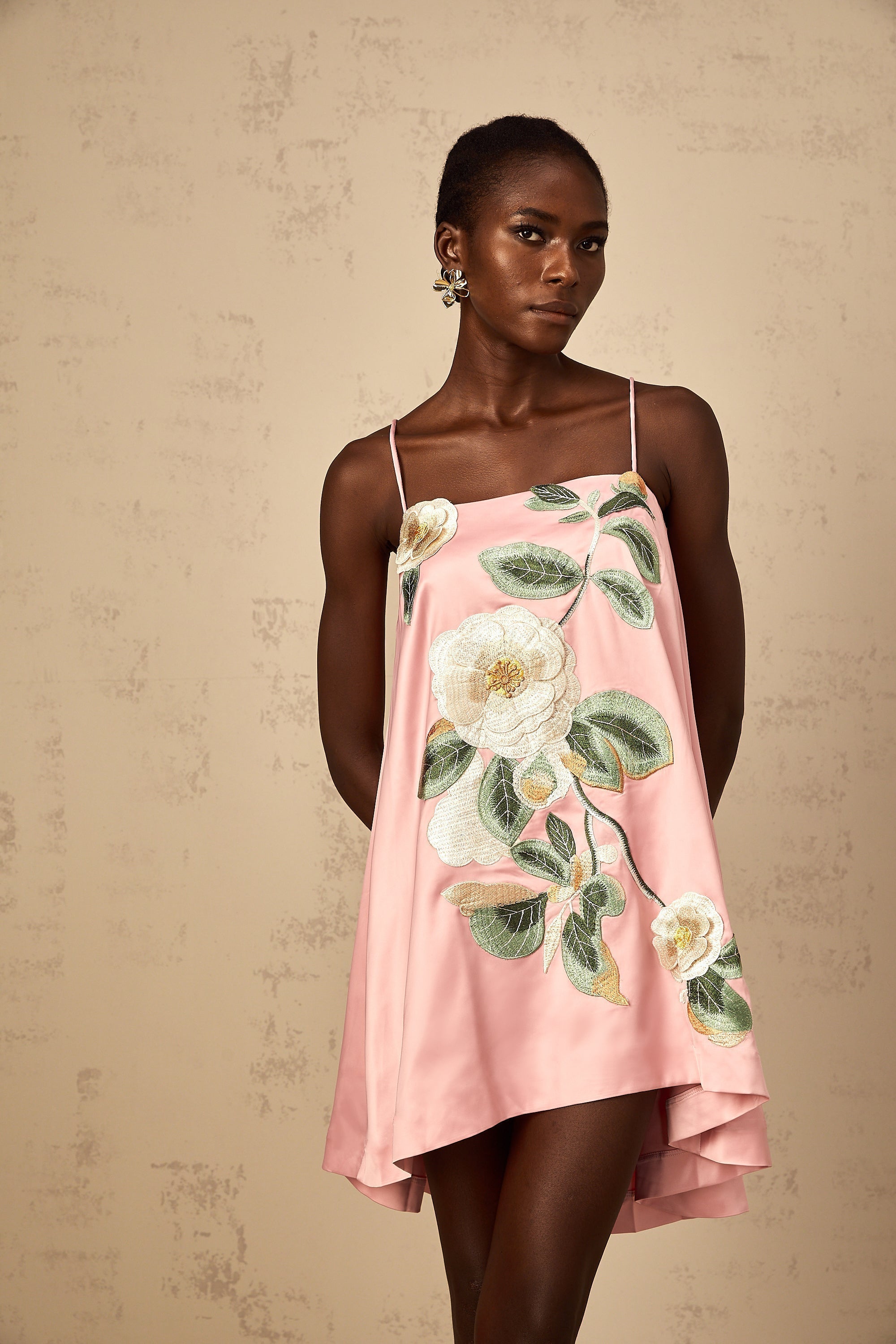 Avril Pink Floral Embroidered Satin Mini Dress