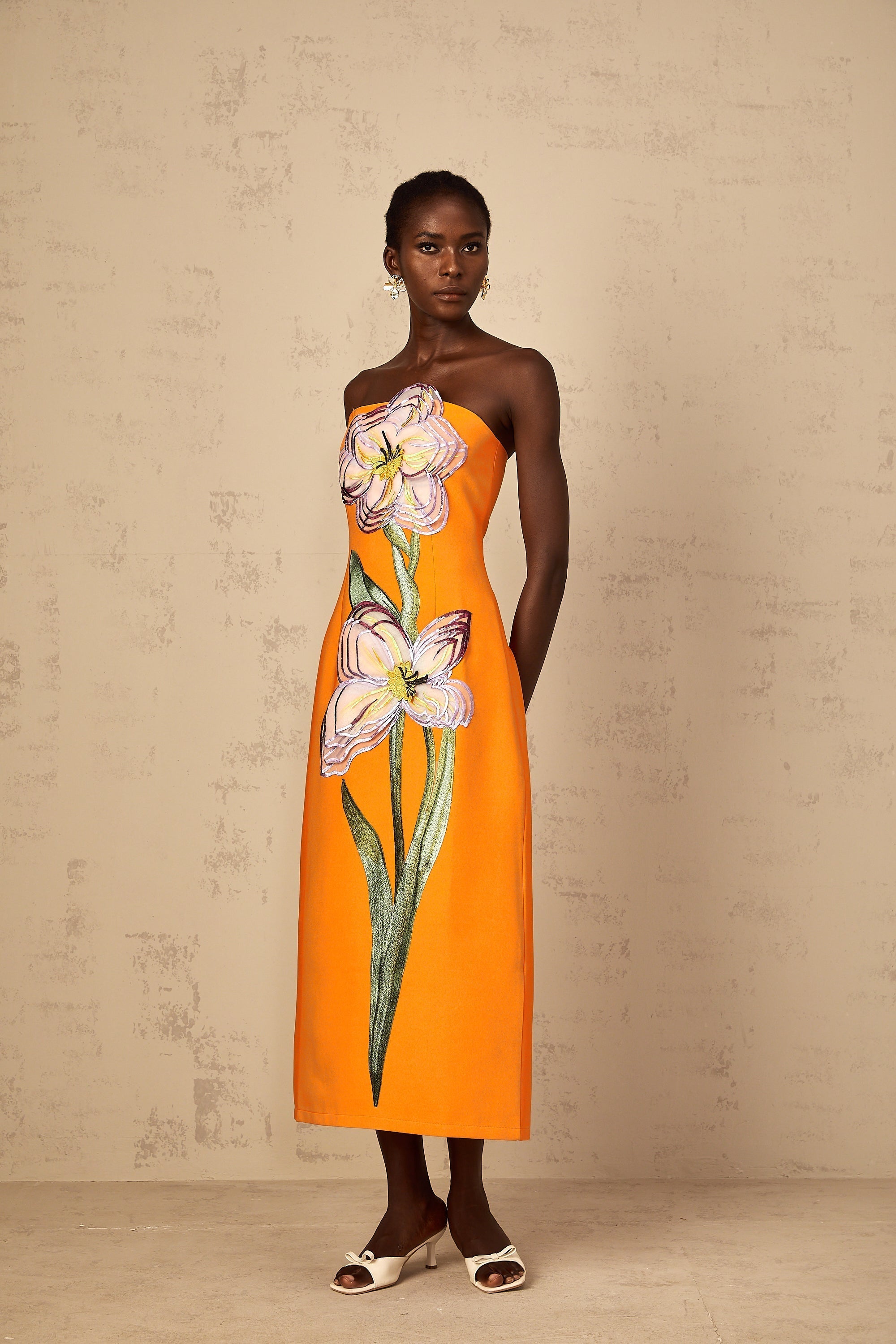 Irène Sequin Embroidered Off-Shoulder Midi Dress in Orange
