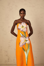 Irène Sequin Embroidered Off-Shoulder Midi Dress in Orange