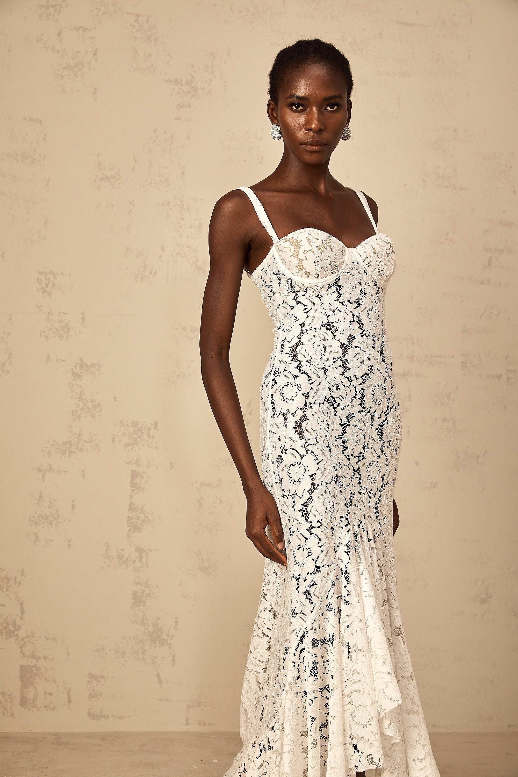 Abbie White Floral Lace Bustier Maxi Dress
