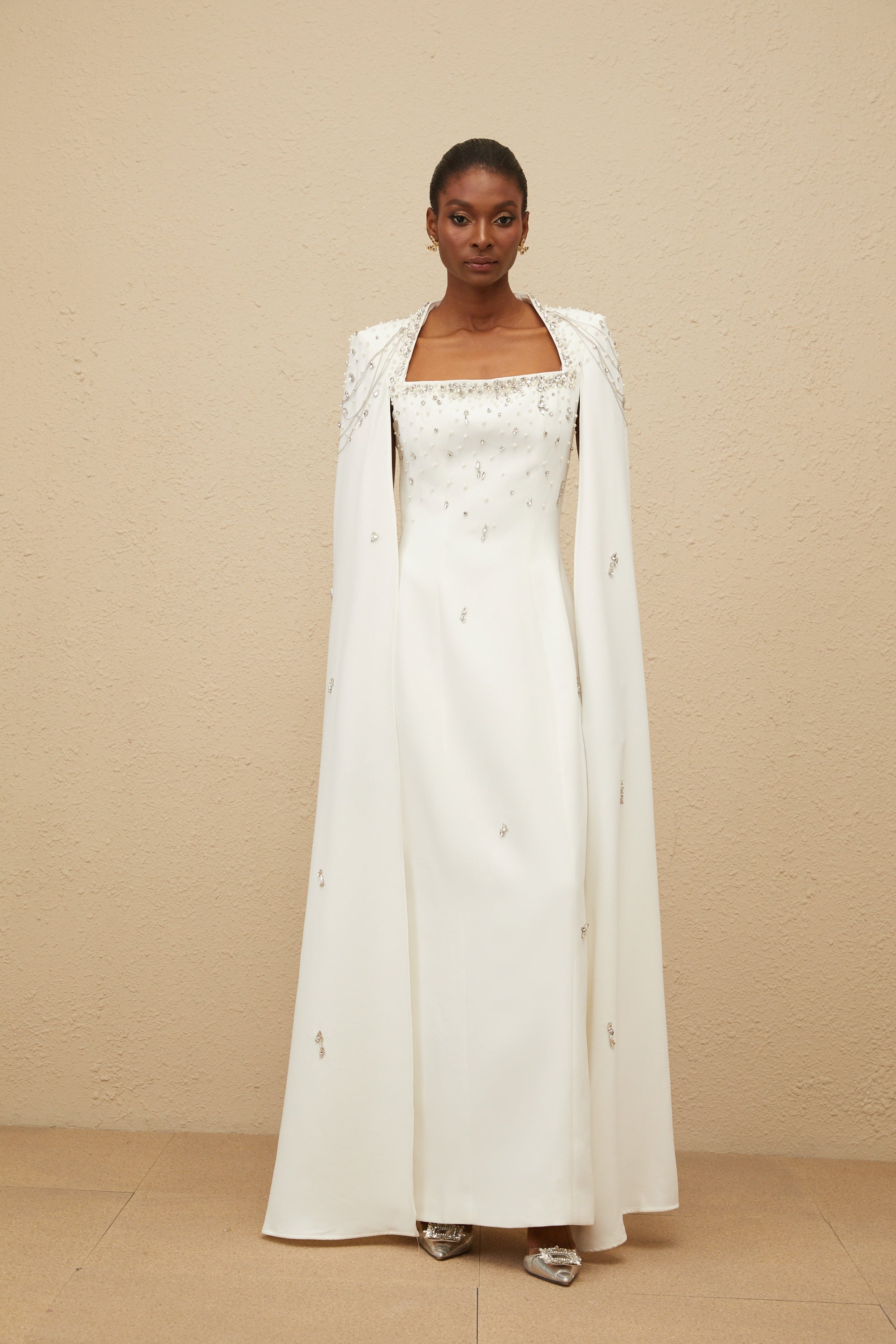 _puré White Embellished Cape Gown