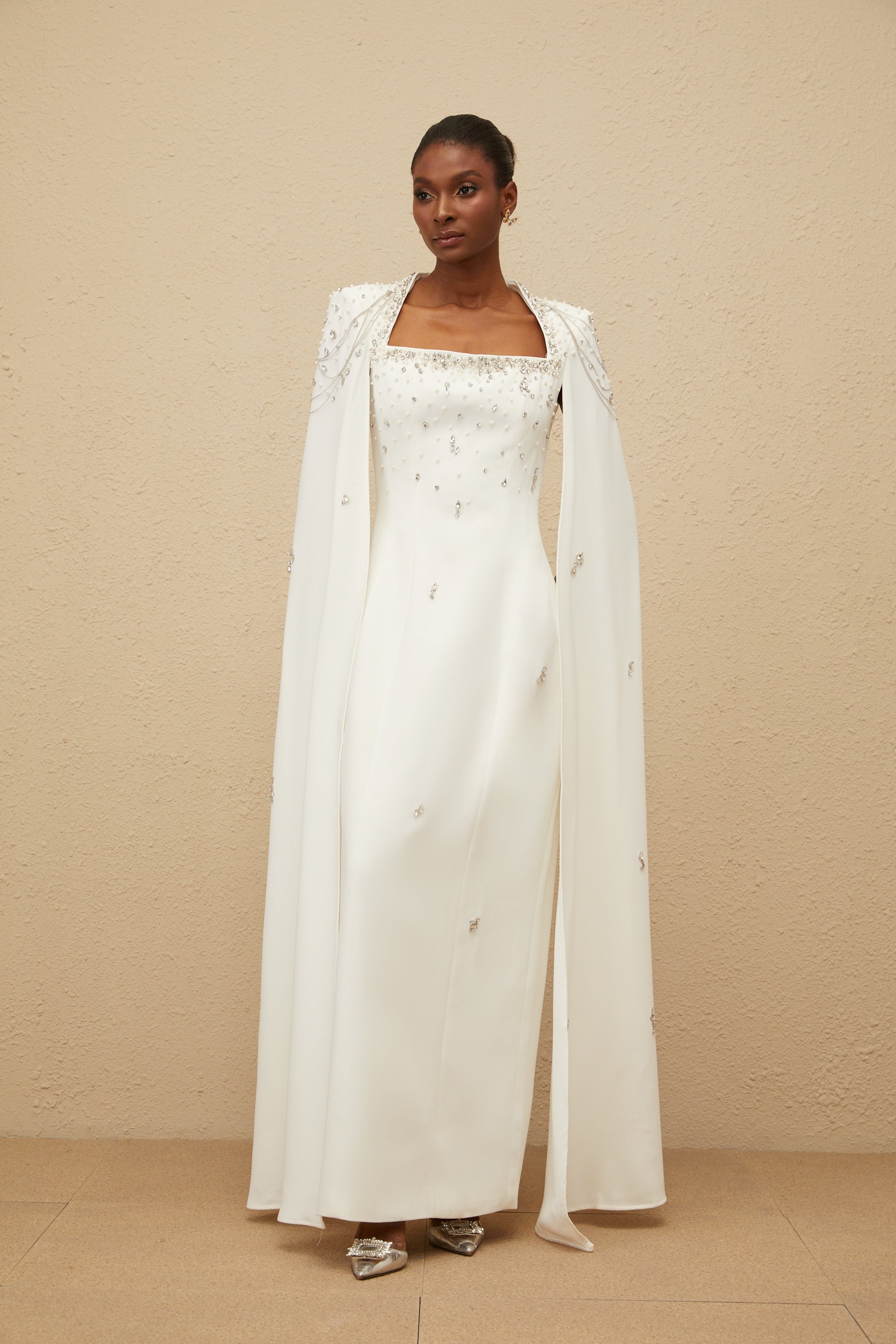 _puré White Embellished Cape Gown