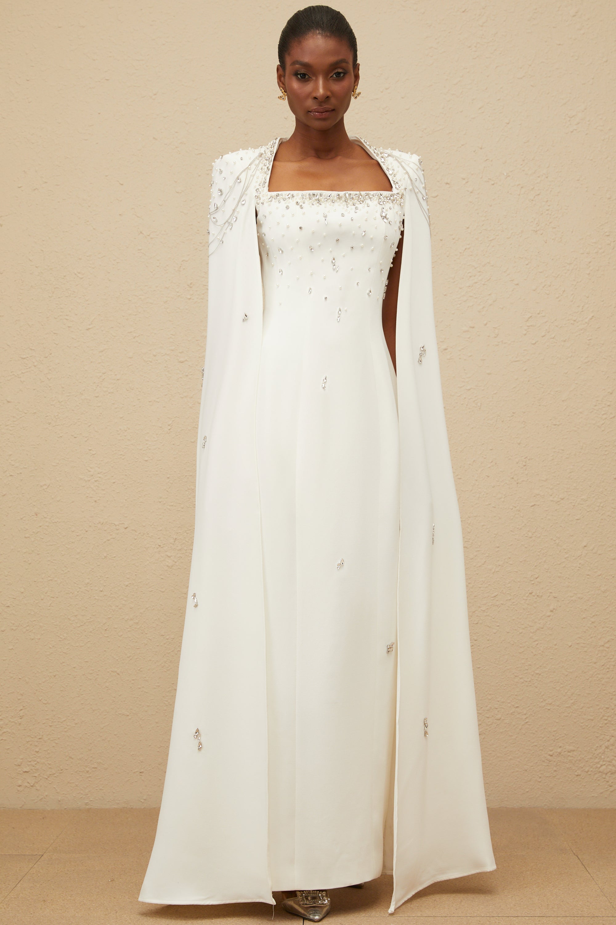 _puré White Embellished Cape Gown