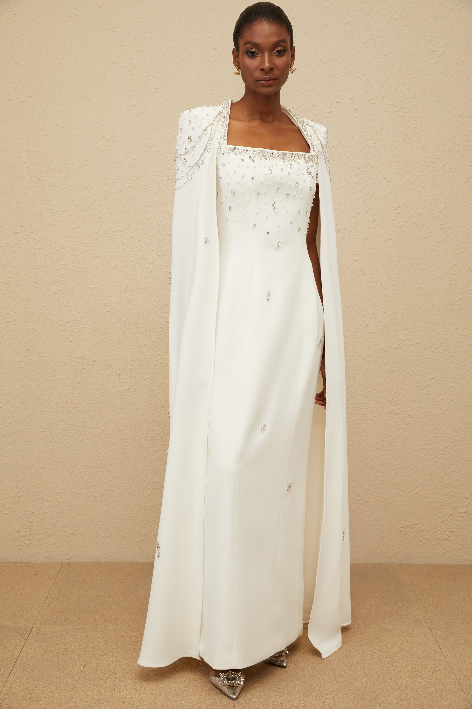 _puré White Embellished Cape Gown