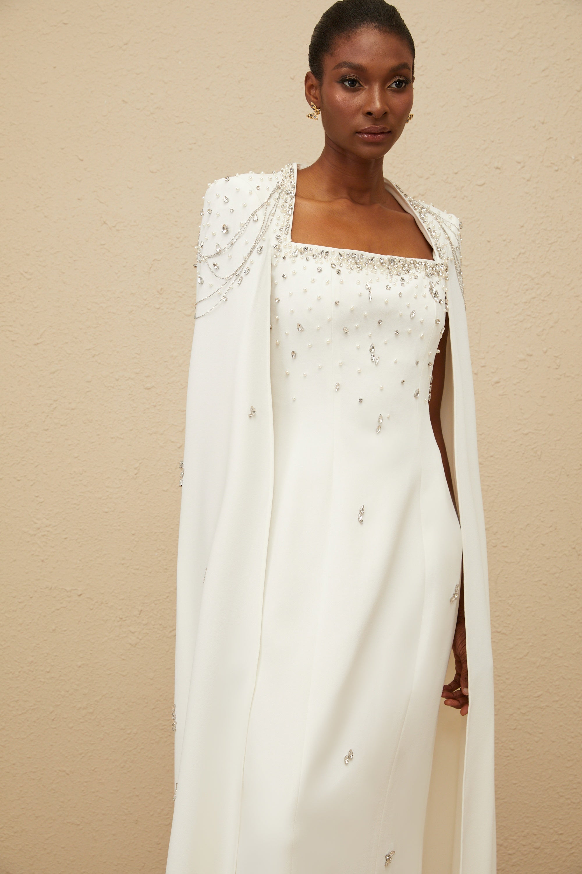 _puré White Embellished Cape Gown