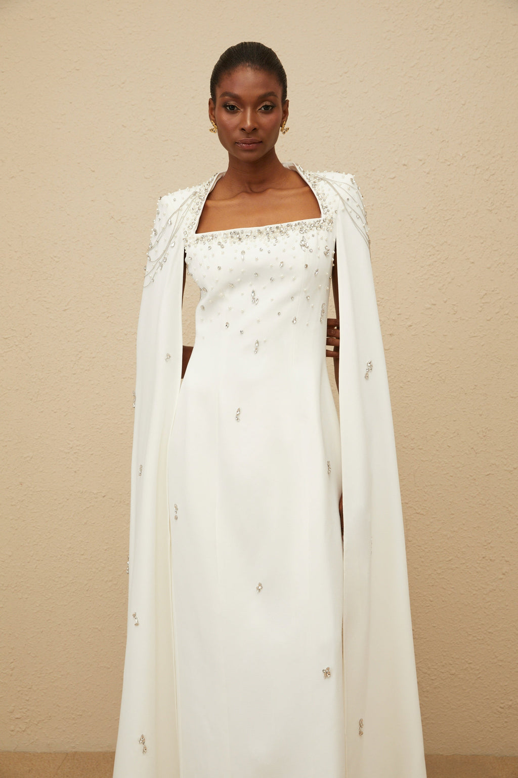 _puré White Embellished Cape Gown