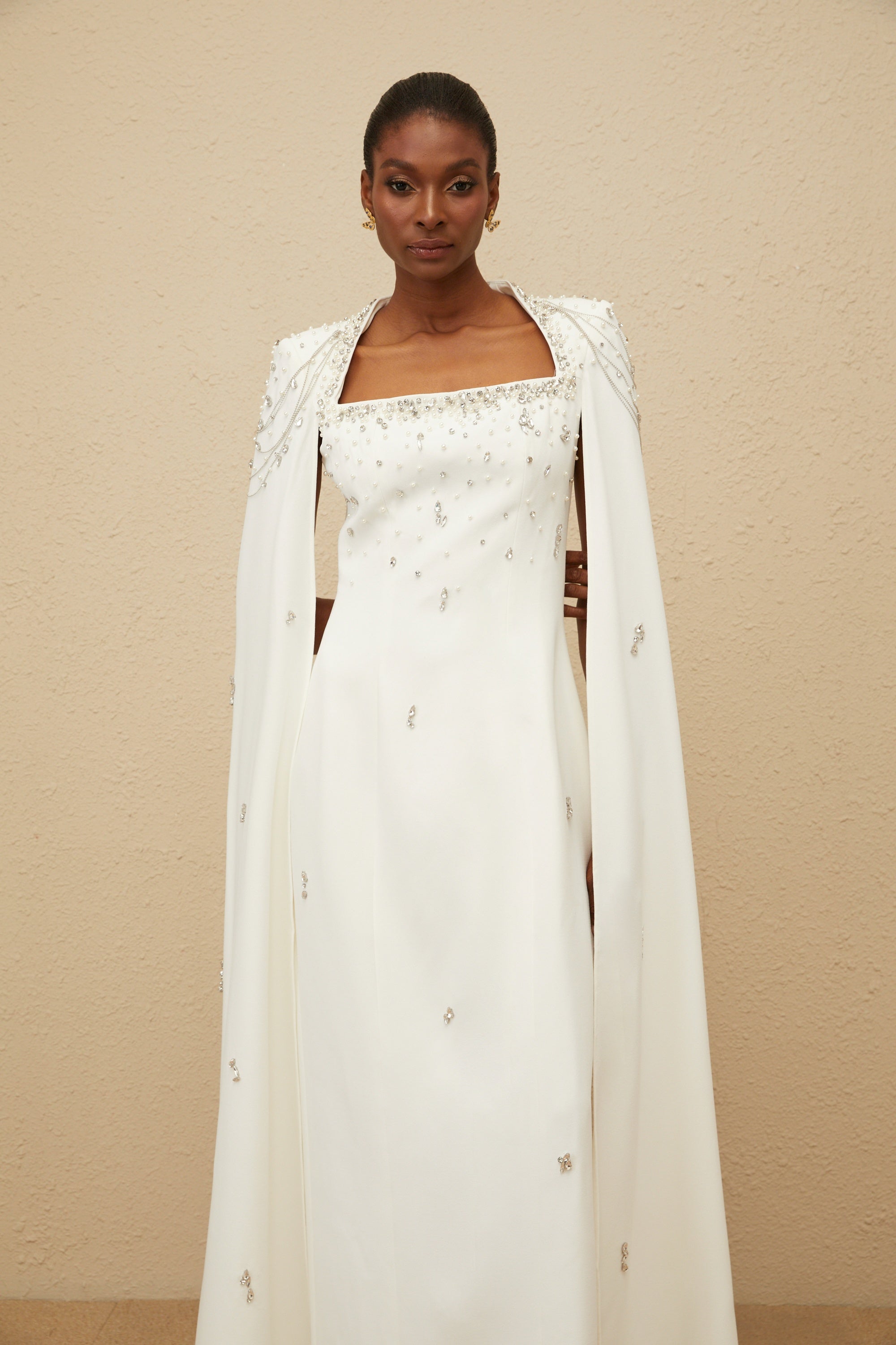_puré White Embellished Cape Gown