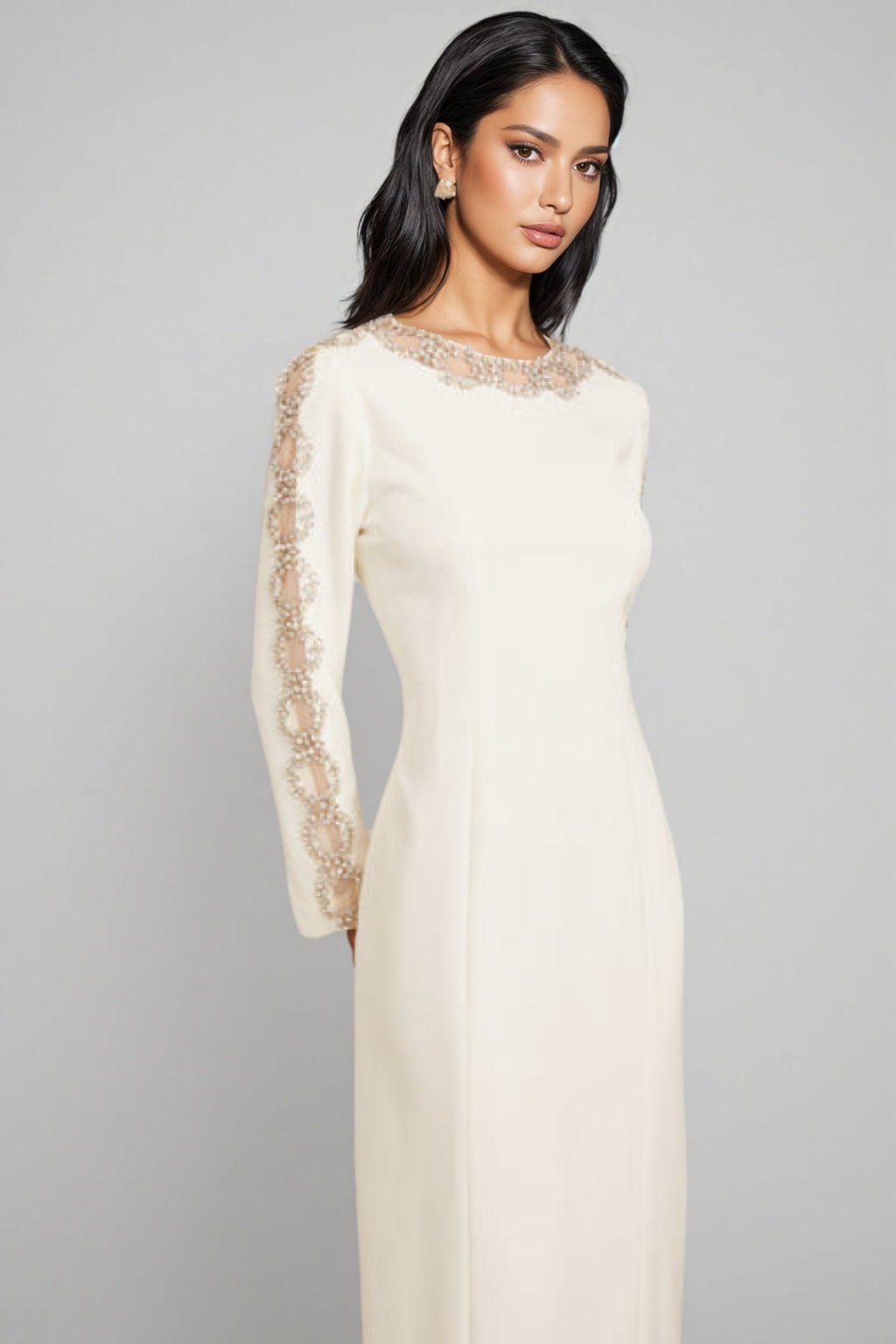 Esmed White Beaded and Diamond Maxi Dress