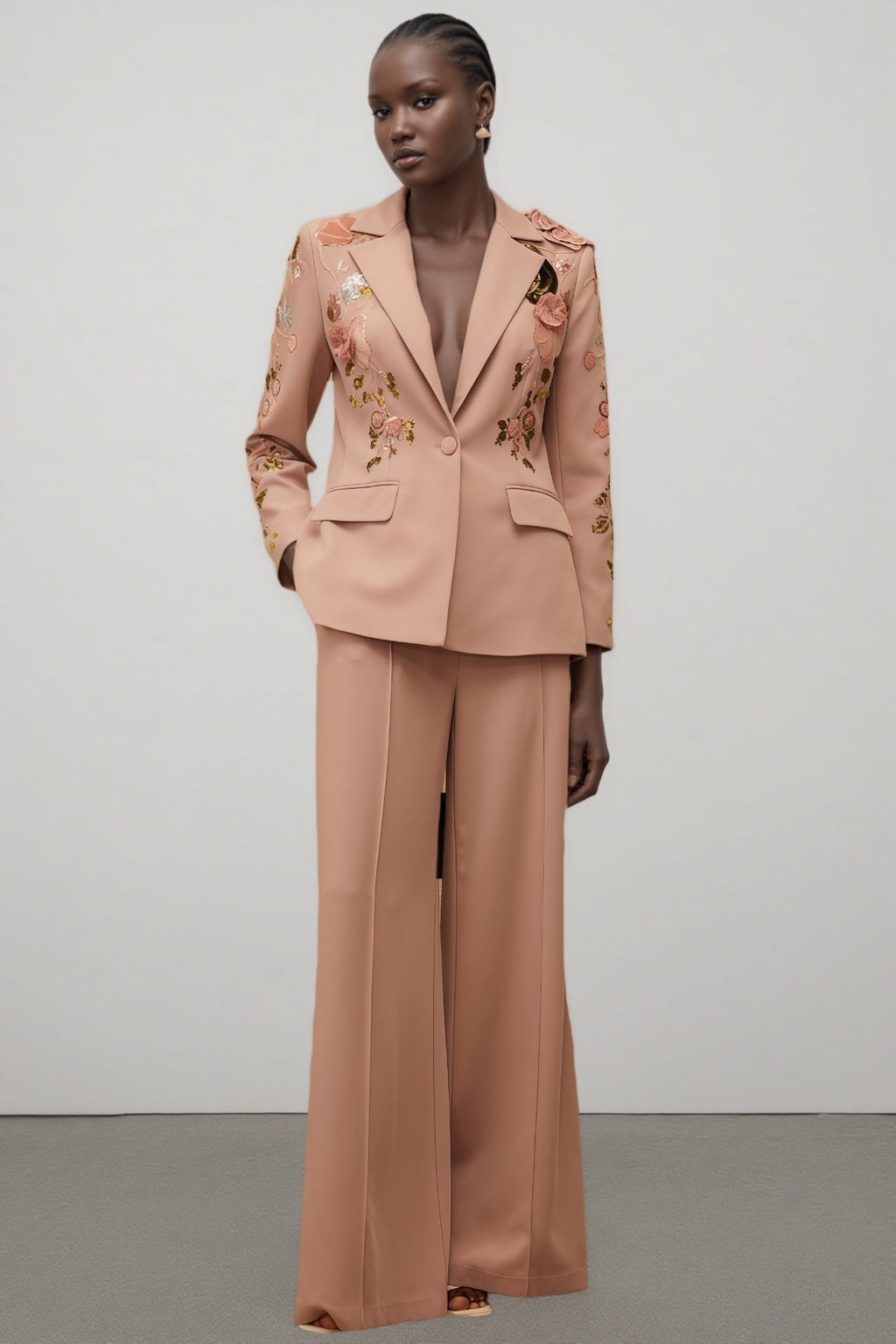 Annabelle Dusty Pink Sequined Floral Blazer Trousers Set