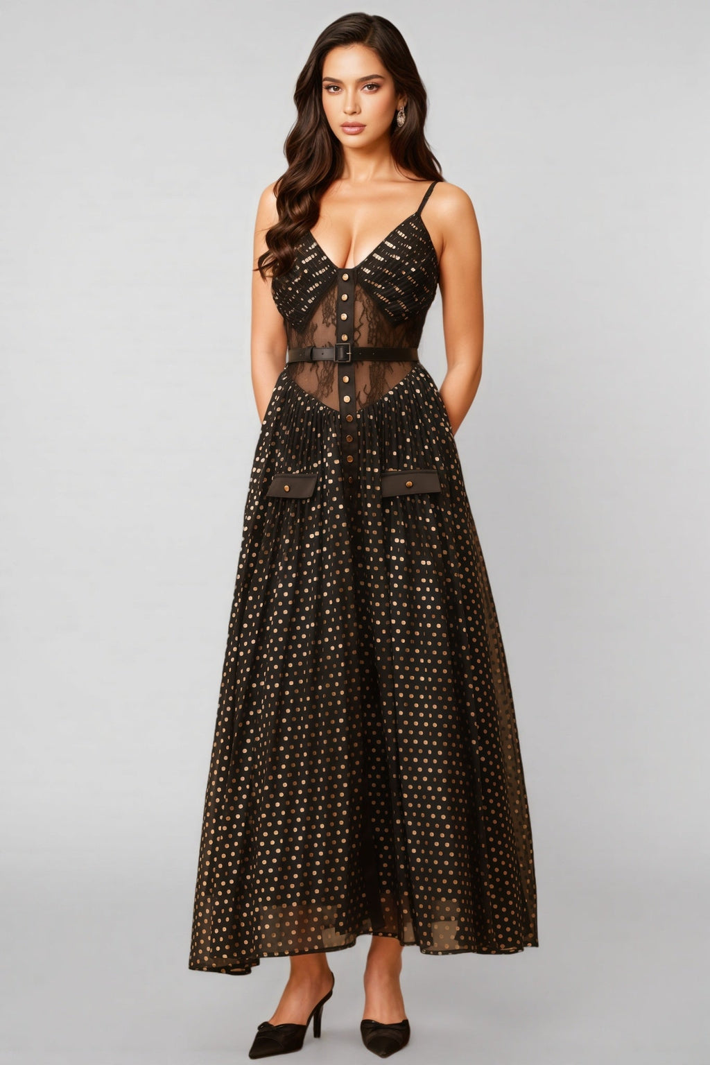 Ierra Black Polka Dot Pleated Midi Dress