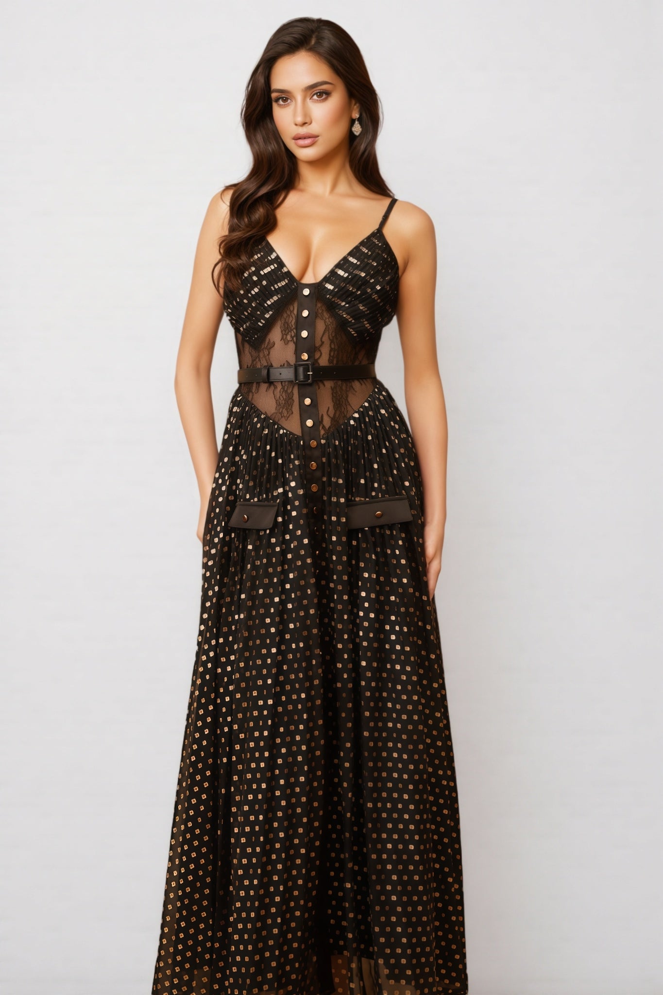 Ierra Black Polka Dot Pleated Midi Dress
