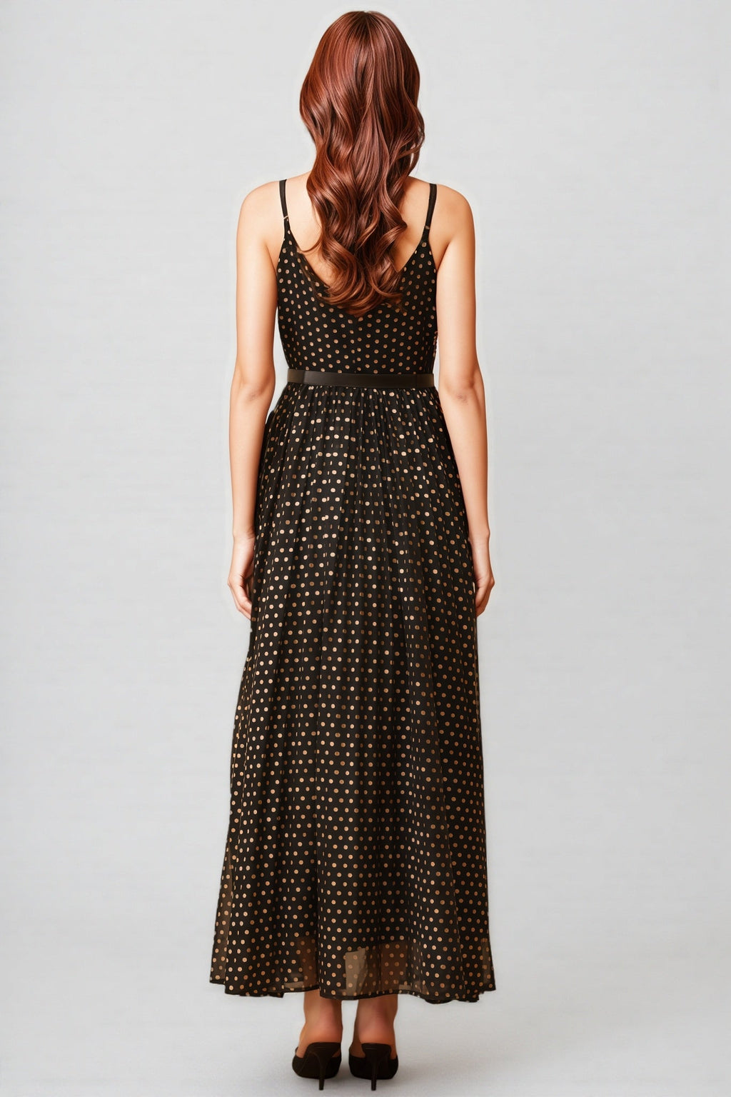 Ierra Black Polka Dot Pleated Midi Dress