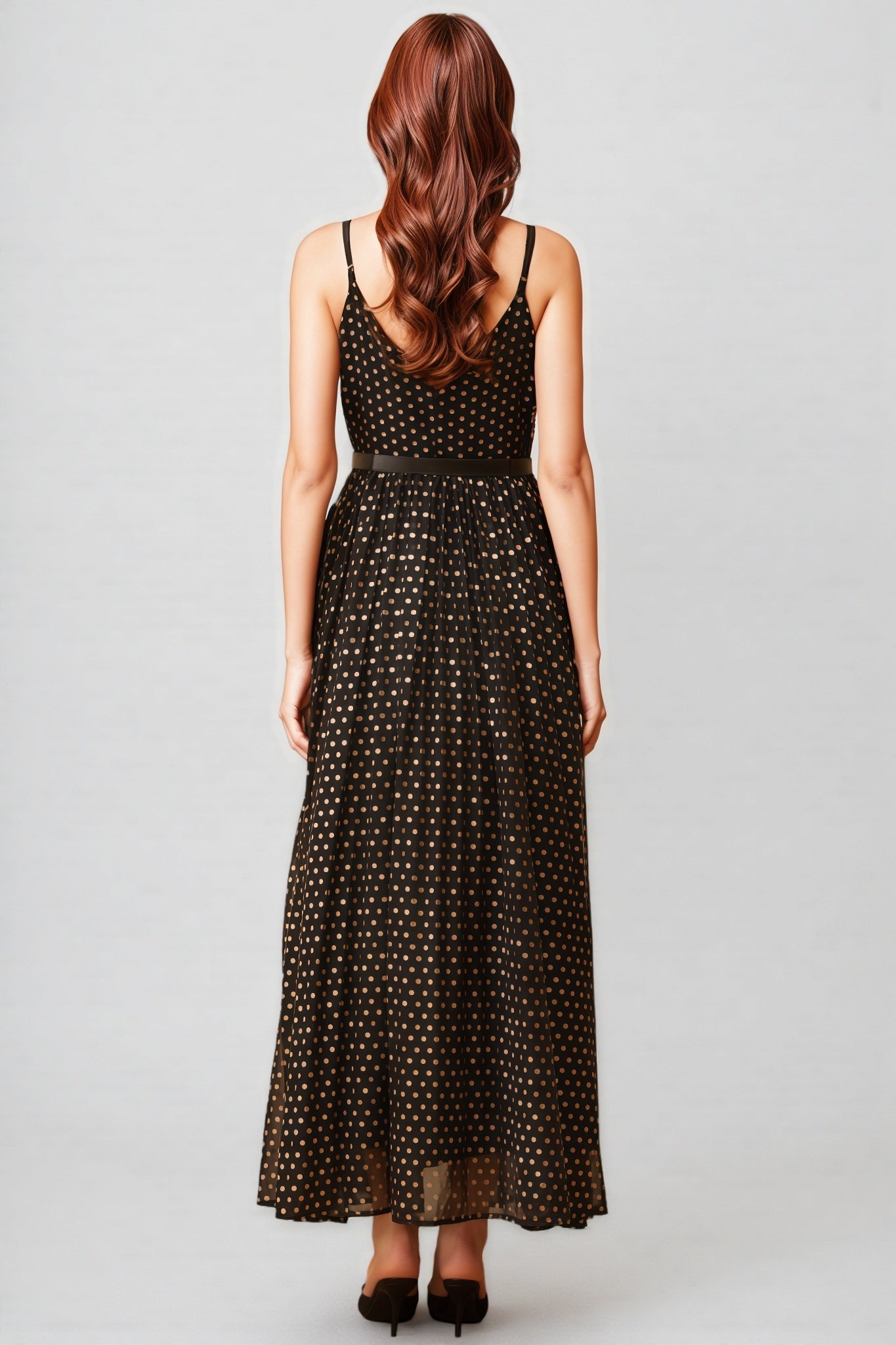 Ierra Black Polka Dot Pleated Midi Dress