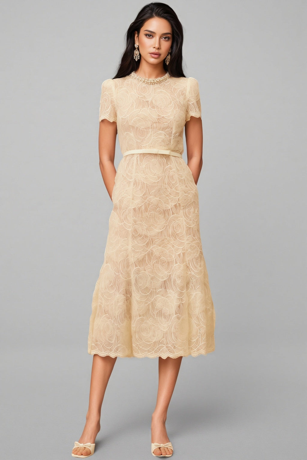 Aurore White Embellished Floral Lace Midi Dress