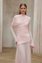 Garance Pink Asymmetrical Ruched Mesh Maxi Dress