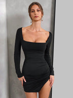 Side Slit Dress In Black With Bow Detail Long Sleeve Color Block Sexy Bodycon Mini Dress For Women 2026