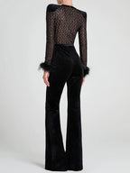Feather Cuff Velvet Jumpsuit with Padded Shoulders Long Sleeve Spring Formal Party Wear For Women 2026