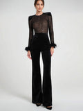 Feather Cuff Velvet Jumpsuit with Padded Shoulders Long Sleeve Spring Formal Party Wear For Women 2026