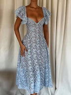 Blue Lace Dress Butterfly Sleeve Sweetheart Neckline Birthday Party A-line Sheer Midi Dress For Women 2026