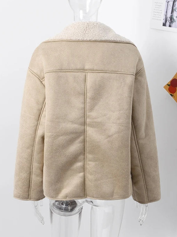Faux Leather Jacket In Maillard Tones Faux Shearling Lapel Oversized Spring Outerwear For Women 2026