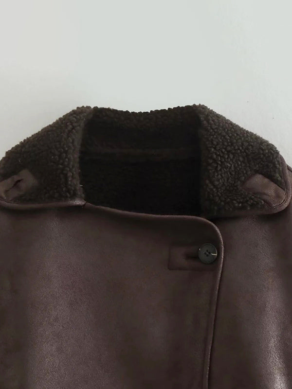 Faux Leather Jacket In Maillard Tones Faux Shearling Lapel Oversized Spring Outerwear For Women 2026