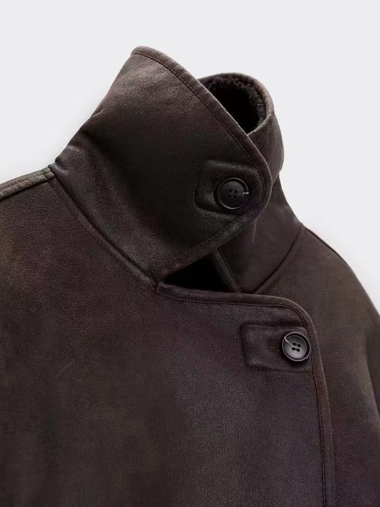 Faux Leather Jacket In Maillard Tones Faux Shearling Lapel Oversized Spring Outerwear For Women 2026