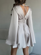 Satin Skater Dress Deep V-neck Long Bell Sleeve Pleated Spring Sexy Mini Swing Dress For Women 2026
