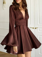 Satin Skater Dress Deep V-neck Long Bell Sleeve Pleated Spring Sexy Mini Swing Dress For Women 2026