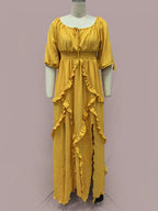 Square Neck Boho Maxi Dress for Women - Three Quarter Sleeve Tiered Ruffle Hem Smocked Flowy Long Dress - Summer Beach 2026