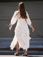 Square Neck Boho Maxi Dress for Women - Three Quarter Sleeve Tiered Ruffle Hem Smocked Flowy Long Dress - Summer Beach 2026