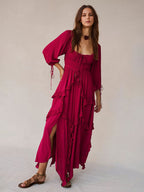 Square Neck Boho Maxi Dress for Women - Three Quarter Sleeve Tiered Ruffle Hem Smocked Flowy Long Dress - Summer Beach 2026