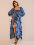 Square Neck Boho Maxi Dress for Women - Three Quarter Sleeve Tiered Ruffle Hem Smocked Flowy Long Dress - Summer Beach 2026
