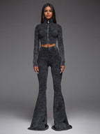 Two Piece Co-ord Set For Hot Girls High Neck Zip-Up Crop Top And Flare Pants Spring Outfit 2026